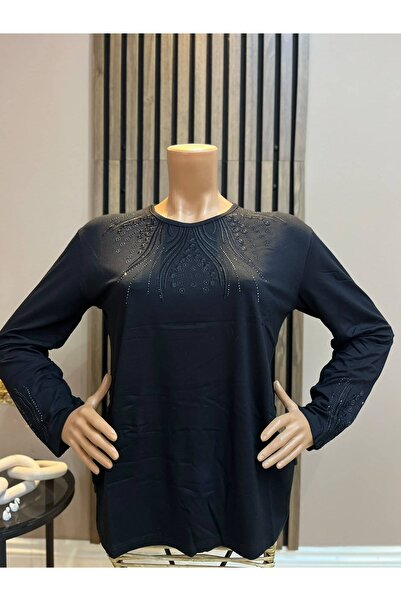 AKMAVİ Women's Middle Age and Above Black Collar Detailed Sparkling Stone Emb...