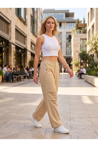 harmony factory Kadın Krem Wide Leg Yüksek Bel Bol Paça Kumaş Pantolon Ofis Günlük Palazzo
