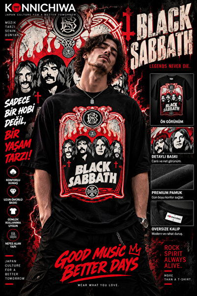 FG KONNİCHİWA Тениска Black Sabbath – с черен принт на тема Ози Озбърн, рок и...