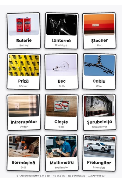 OEM Flashcards Educationale Unelte Electrice, Romana si Engleza, 12 Carduri, ...