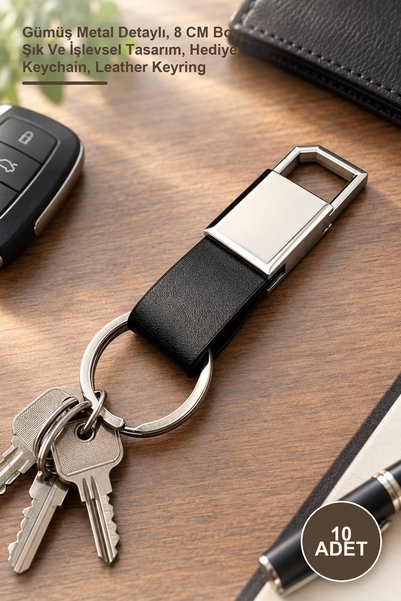 Yenilig 10 pieces black leather keychain - silver metal detailed, 8 cm length...