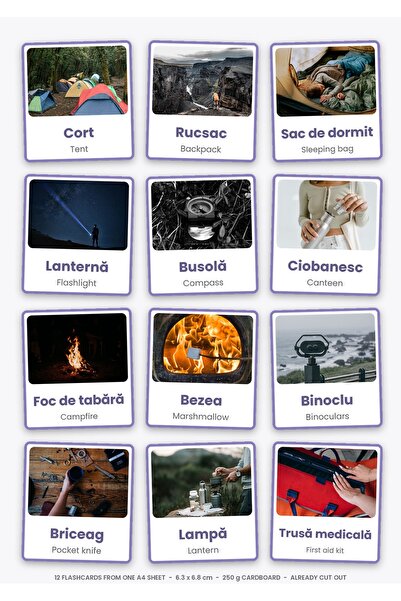 OEM Camping Equipment Flashcards English Romanian, 12 Cards, 250g Cardboard