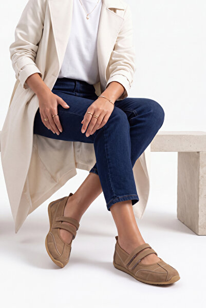 Marjin Kadın Çift Bantlı Dikiş Detaylı Yuvarlak Burun Mary Jane Günlük Spor Babet Sneaker Meliro Camel Süet