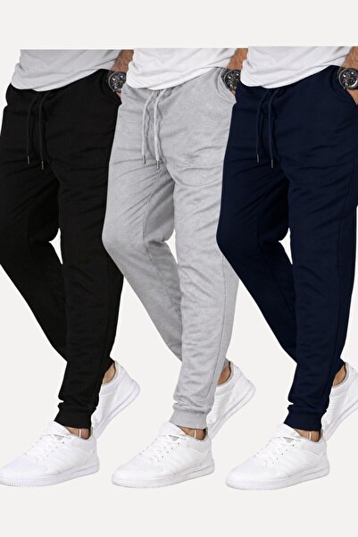SURMARİ Set of 3 Unisex Regular Fit Ribbed Leggings in Black, Gray, Navy Blue...