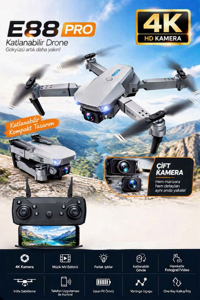 Chermik 4K Çift Kameralı Katlanabilir Drone WiFi APP Kontrollü FPV Quadcopter 2 Bataryalı E88