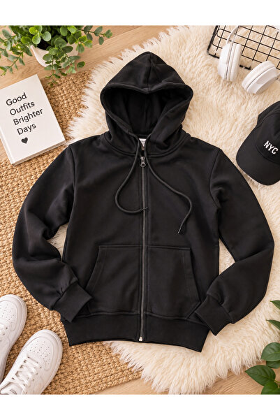 Uğur bebe 3-Ply, Seamless, Black Hooded Zippered Cardigan | Pocketed, Adjusta...