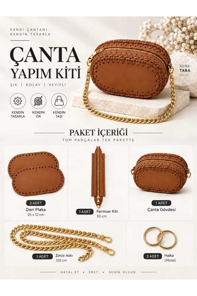 aurellen Çanta Yapım Kiti 27x12 cm Deri Tabanlı – 35cm Fermuar Kiti, 120 cm G...