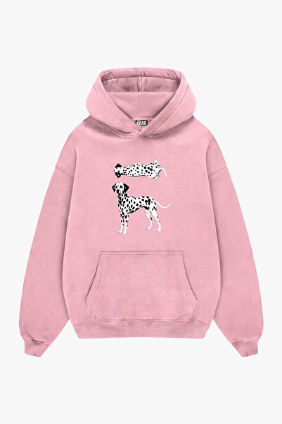 Sekizbiraltı Dalmaçyalı Grafik Baskılı Pembe Oversize Unisex Hoodie