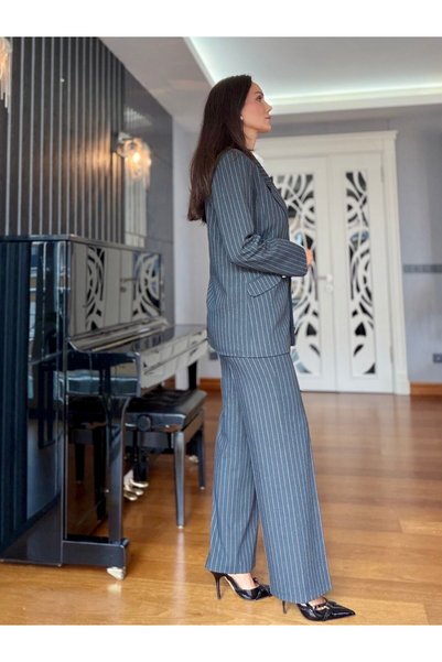 Atelier Derin Gri Çizgili Premium Pantolon Ceket Takım