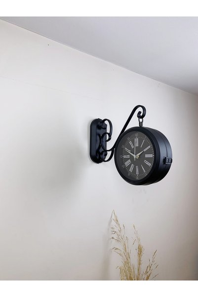 Genel Markalar Siyah Metal Roma Rakamlı Çift Taraflı İstasyon Saati 36 x 25 cm