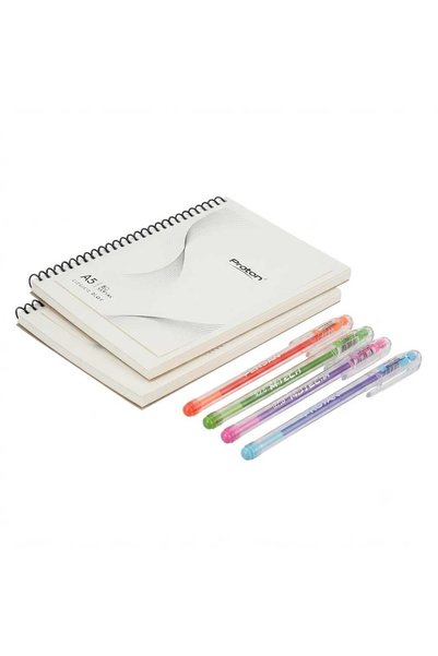 Proton 2Pcs 80 Sheets A5 Spiral Unlined Notebook & 5Pcs Colorful Ballpoint Pens Set - Office School Stationery Gift Set
