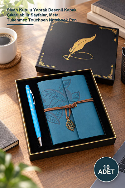 Yenilig 10 Pieces Blue Leather Notebook and Pen Set – Leaf Patterned Cover wi...