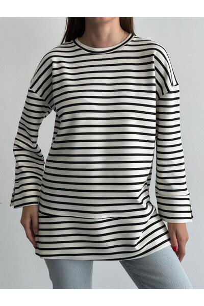 ZF BUTİK Γυναικείο ριγέ μακρυμάνικο τουνίκ με πλαϊνό σκίσιμο σε μεγάλο μέγεθος