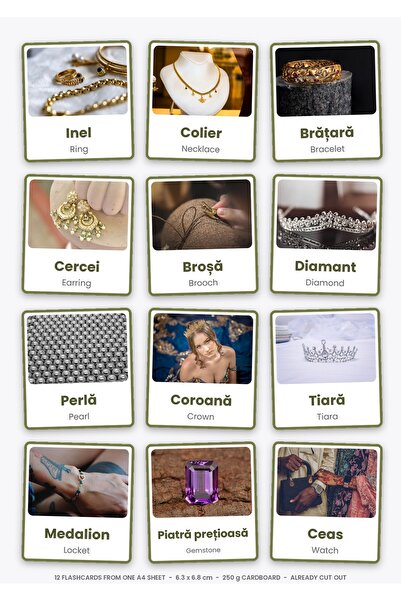 OEM Flashcards Educative Bijuterii, Engleză-Română, 12 Carduri, Carton 250g, ...
