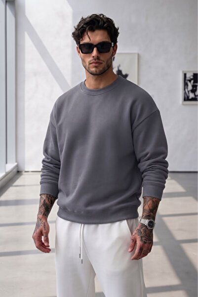 NO 601 Men's Dark Gray Crew Neck Hoodless Winter Sweatshirt