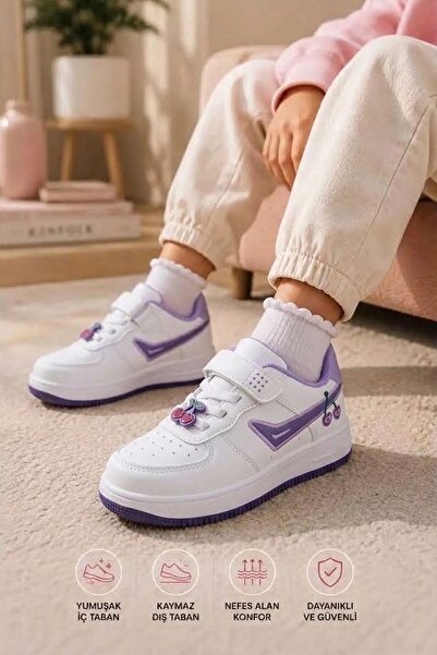 AlbiShoes Çocuk Işıklı Okul Günlük Spor Ayakkabı Kiraz Desenli Cırtlı Kaymaz Taban Rahat Sneaker