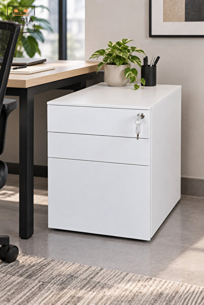 MARIA HOMES Modern Office Pedestal | White 3 Drawer Storage Cabinet with Lock...