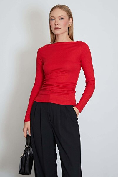 Fulla Moda Side Draped Boat Neck Slim Fit Blouse