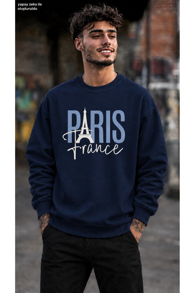 caddekombin Men's Paris France Printed Crew Neck Casual Regular Fit Sweatshirt