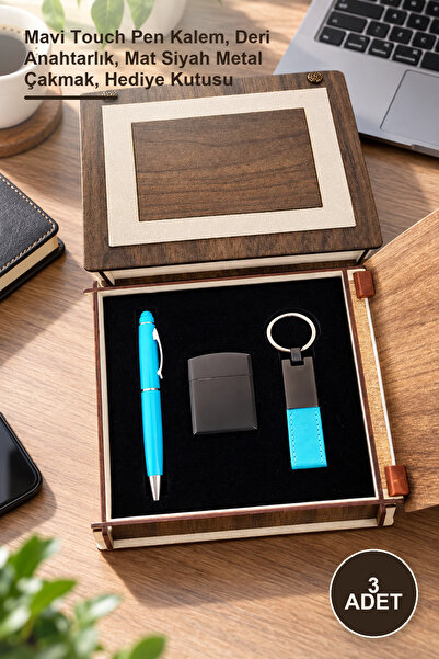 Yenilig 3-Piece Pen Keychain Lighter Set with Wooden Box – Blue Touch Pen, Le...