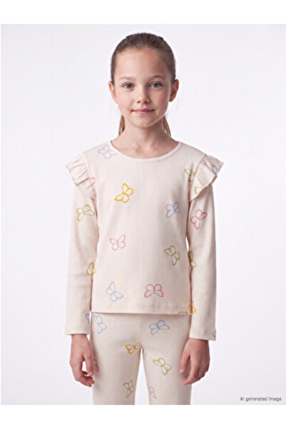 LC Waikiki Ecru Crew Neck Ruffled Girls' T-Shirt