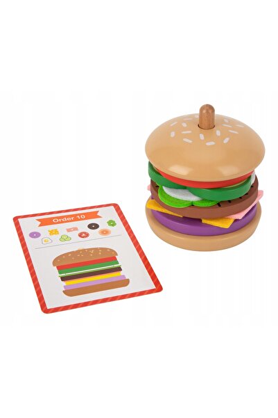 woopie Set de puzzle educativ din lemn 15EL, Blocuri Burger, Cartonașe cu sar...