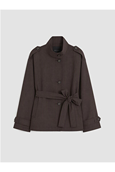 LC Waikiki Brown Stand Collar Belted Oversize Women's Trench Coat