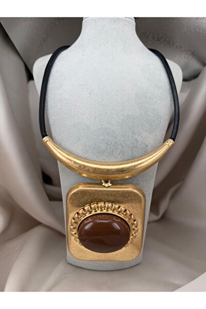 ZS Aksesuar Brown Stone Gold Statement Necklace – Modern Design Women's Neckl...