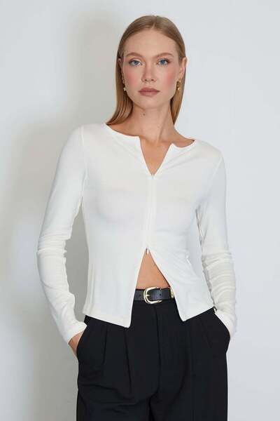 Fulla Moda Çift Fermuarlı Bisiklet Yaka Slim Fit Bluz