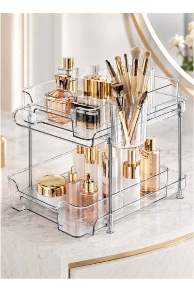 Generic 2 Tier Clear Acrylic Makeup Organizer with Slide Out Drawers, Multi-P...
