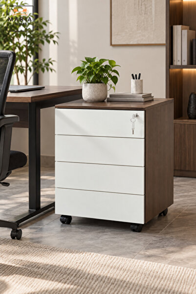 MARIA HOMES Modern Mobile Office Pedestal | Walnut & White 4 Drawer Storage C...