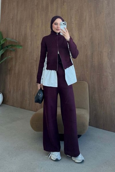 Şule Giyim Frida Shirt Detail Luxury Set Plum