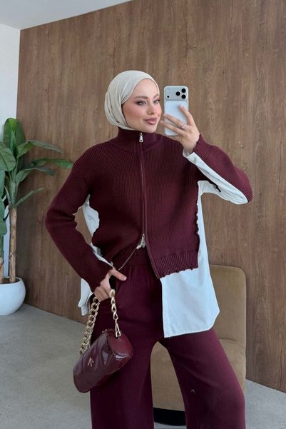 Şule Giyim Frida Shirt Detail Luxury Set Burgundy