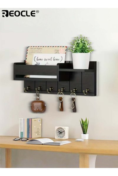 Generic Wall Mounted Key Holder with 6 Key Hooks and Organizer Design Wooden ...