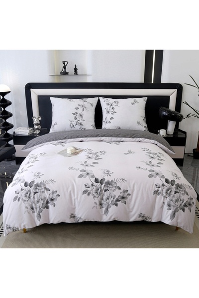Cotton World Lenjerie de pat Satin Bumbac 220x200 Flori Gri + 2 Fețe de pernă...