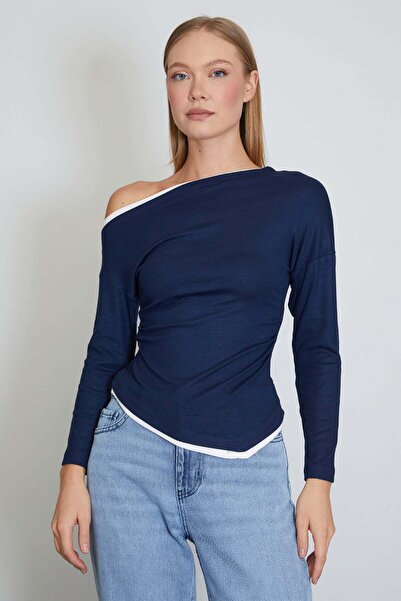 Fulla Moda Garnili Boat Neck Draped Asymmetrical Cut Modal Blouse