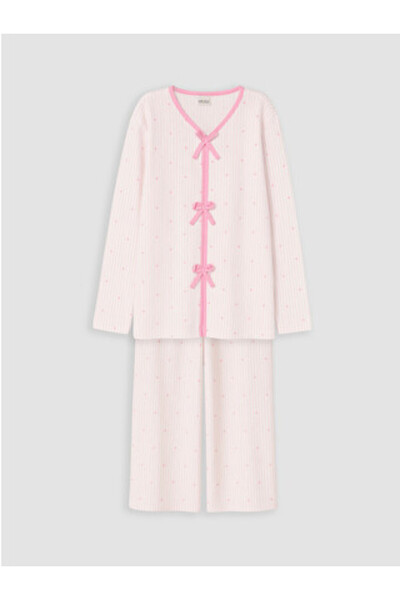 LC Waikiki Ecru Bow Detailed Girls' Pajama Set