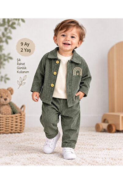 DUBAİ ÇOCUK Baby Boy 3 Piece Velvet Set Shirt Jacket T-Shirt Pants