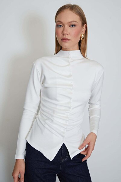 Fulla Moda Pleated Front High Neck Blouse with Draped Sides