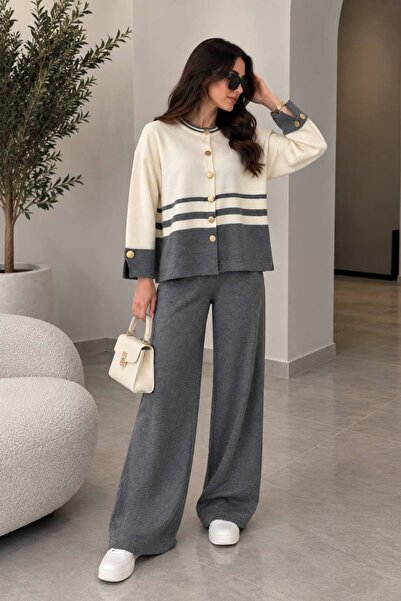 SHEZAN MODA Kadın Gri Çizgili Düğmeli Bisiklet Yaka Triko Hırka BB-470034703