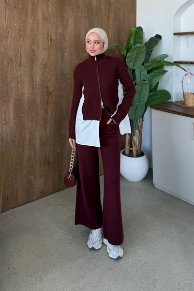 Şule Giyim Frida Shirt Detail Luxury Set Burgundy