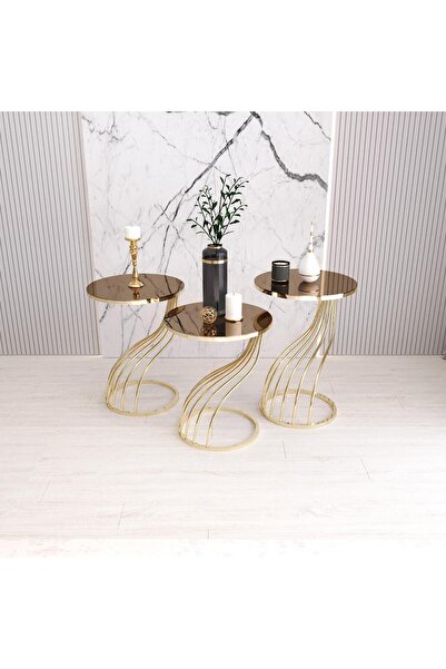 MYDECO Dalga 3'lü Zigon Sehpa Seti - Gold Metal Ayaklı Bronz Ayna Cam Tablalı...