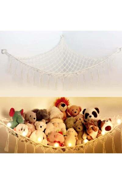 Generic Cotton Rope Knitted Plush Toy Storage Hammock With Hooks, Kids Room D...
