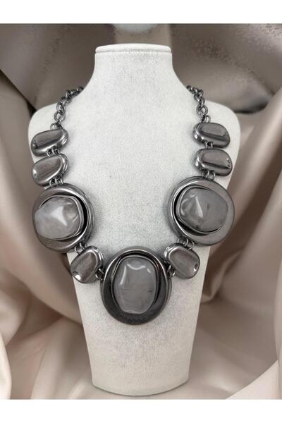ZS Aksesuar Anthracite Gray Stone Statement Necklace – Metallic Design with L...