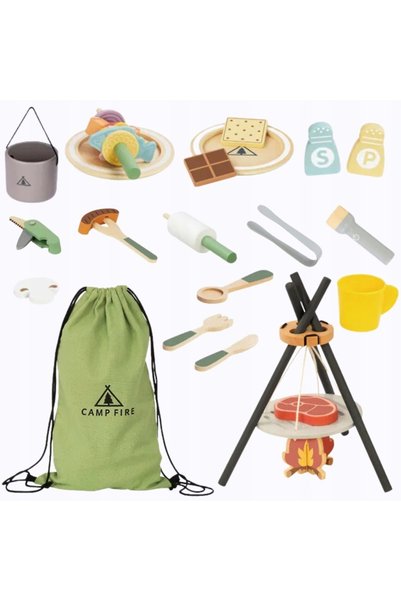 Tooky Toy Set de gătit din lemn pentru camping, pentru foc de tabără, pentru ...