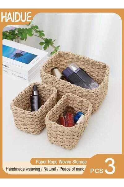 Generic 3PCS Paper Rope Woven Storage Baskets Nordic Rectangular Organization...
