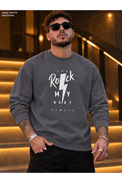 caddekombin Men's Rock My Body Printed Crew Neck Casual Regular Fit Sweatshirt