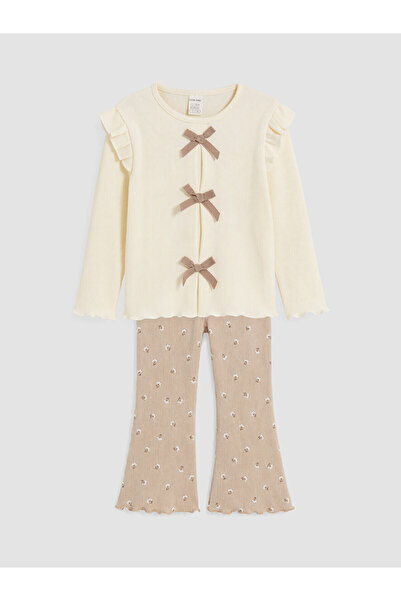 LC Waikiki Nevavm Lcw Baby Ecru Bow Detailed Baby Girl Blouse and Leggings