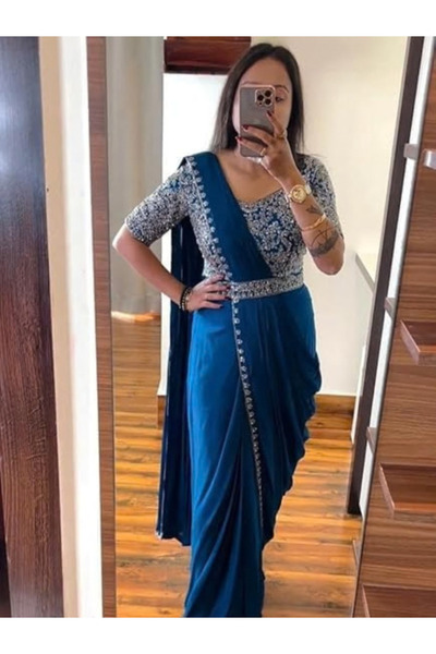 MYSMAR Blue Pre-Stitched Ready-to-Wear Drape Saree with Embroidered Blouse - ...