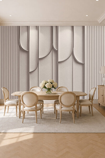 MİRAZAWALL Kavisli Kemer Detaylı ve Dikey Çıtalı Bej Lüks Desenli Tek Parça T...